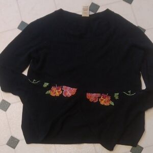 Black Sweater with Vibrant Floral Embroidery On Bell Sleaves
